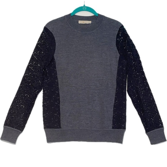 TORY BURCH | Merino Wool Kammy Crewneck Sweater Lace Sleeves Women’s Size Small - Picture 2 of 8